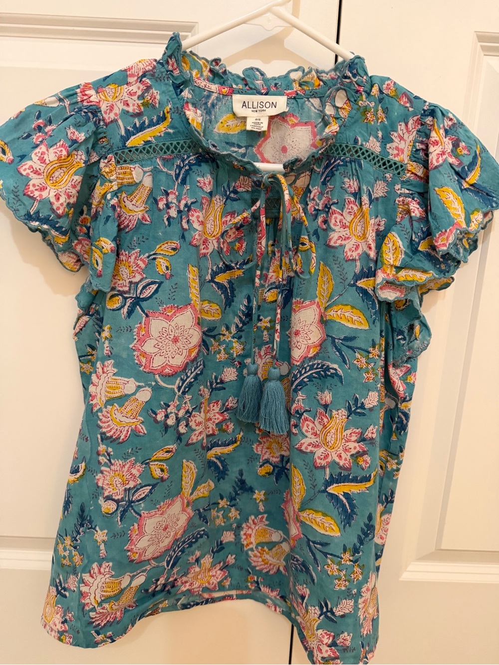 Allison Teal Floral Tassel Tie Short Sleeve Blouse